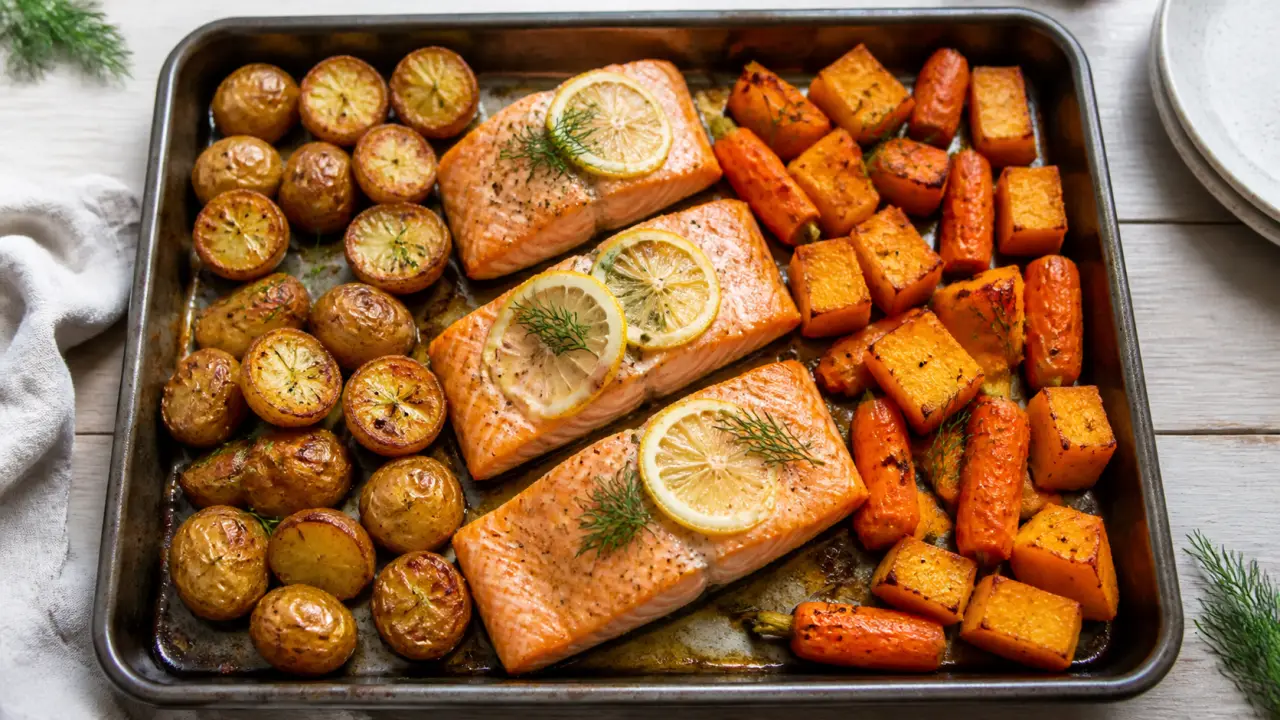 Accompagnement avec saumon au four, grillé ou fumé : pommes de terre et légumes rôtis