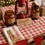 decor guinguette : table vichy rouge et blanc, guirlandes LED et bocaux ambre