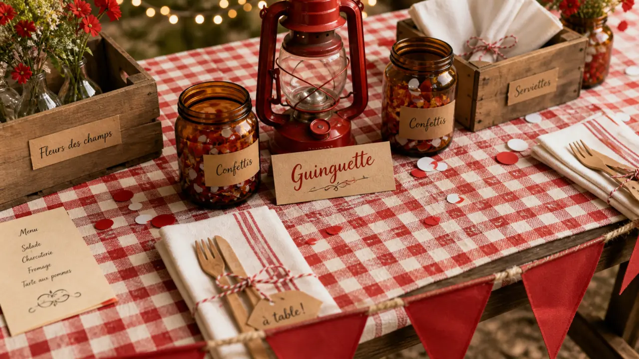 decor guinguette : table vichy rouge et blanc, guirlandes LED et bocaux ambre