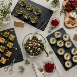 Décoration buffet réception : plateaux ardoise, bols et verrines sur table beige