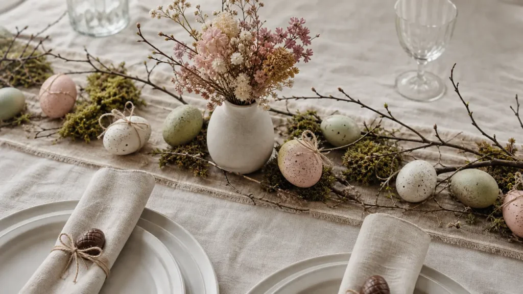 Décoration de pâques pour la table aux couleurs pastel et touches nature, œufs décorés