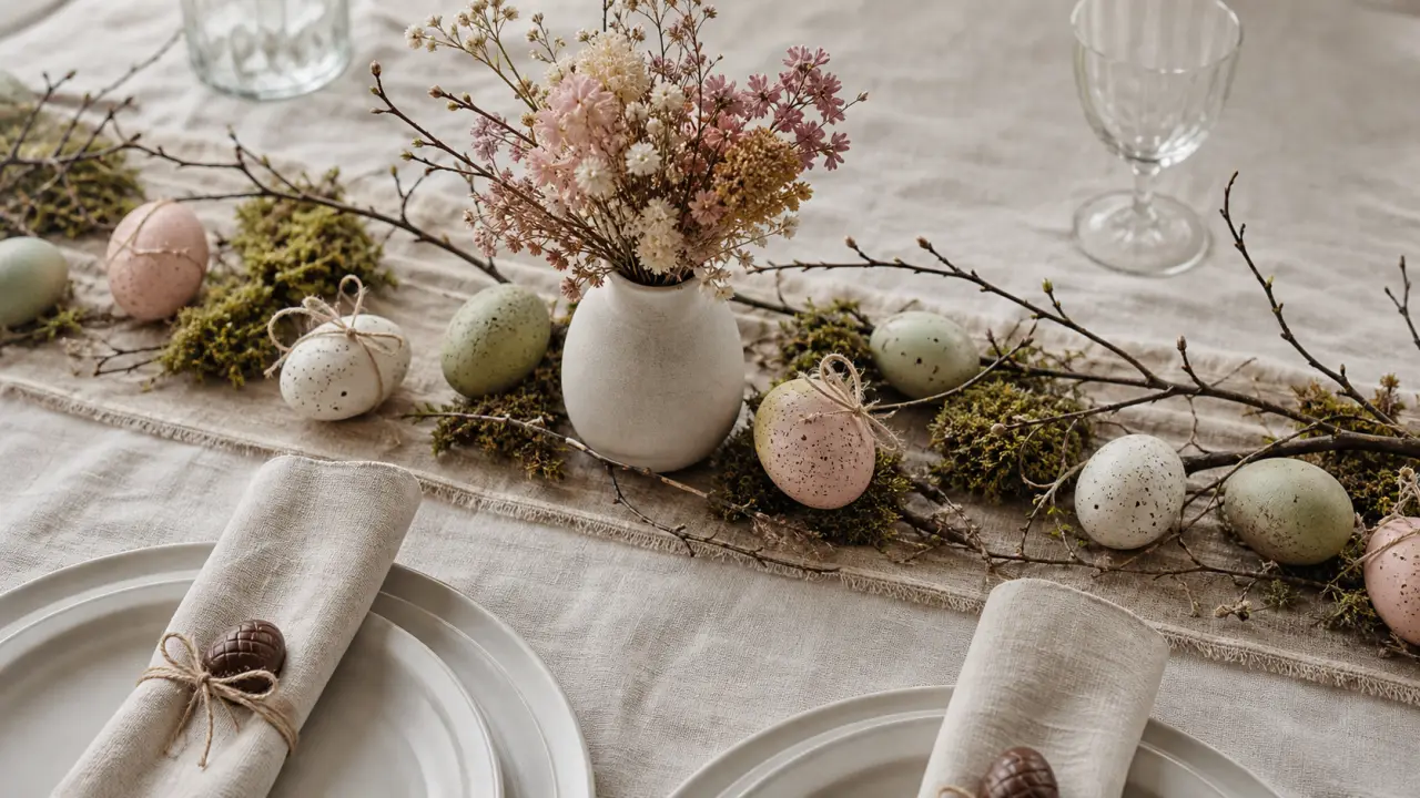 Décoration de pâques pour la table aux couleurs pastel et touches nature, œufs décorés