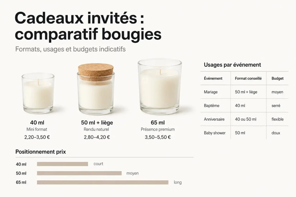 Idées cadeaux invités bougie : comparatif visuel des formats 40 ml, 50 ml et 65 ml avec budgets indicatifs et usages par événement