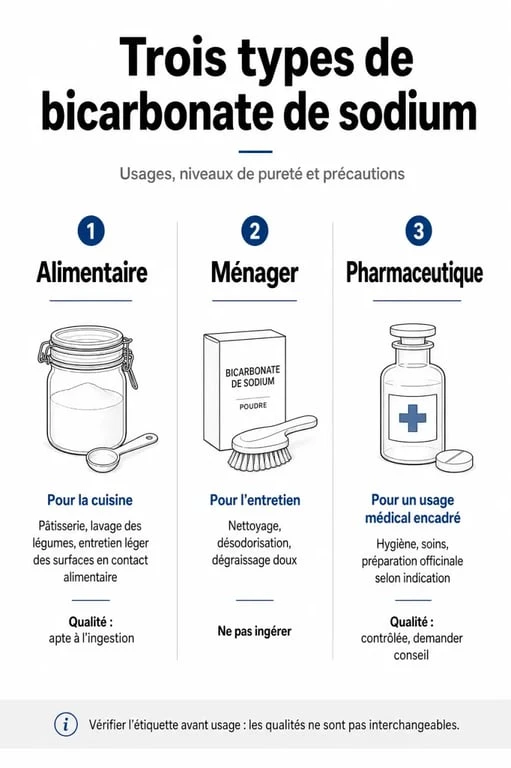 Comparatif des usages du bicarbonate alimentaire, ménager et pharmaceutique en cuisine