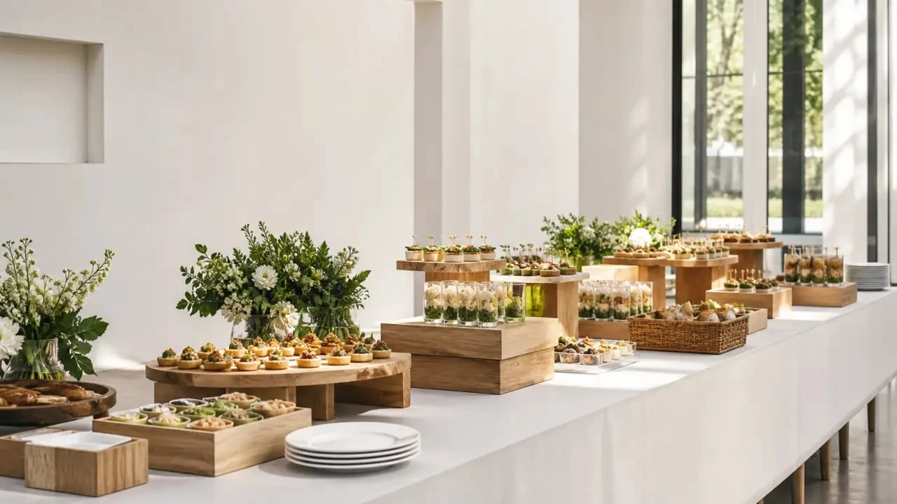 Décoration buffet réception élégante avec hauteurs variées et palette de couleurs sobre
