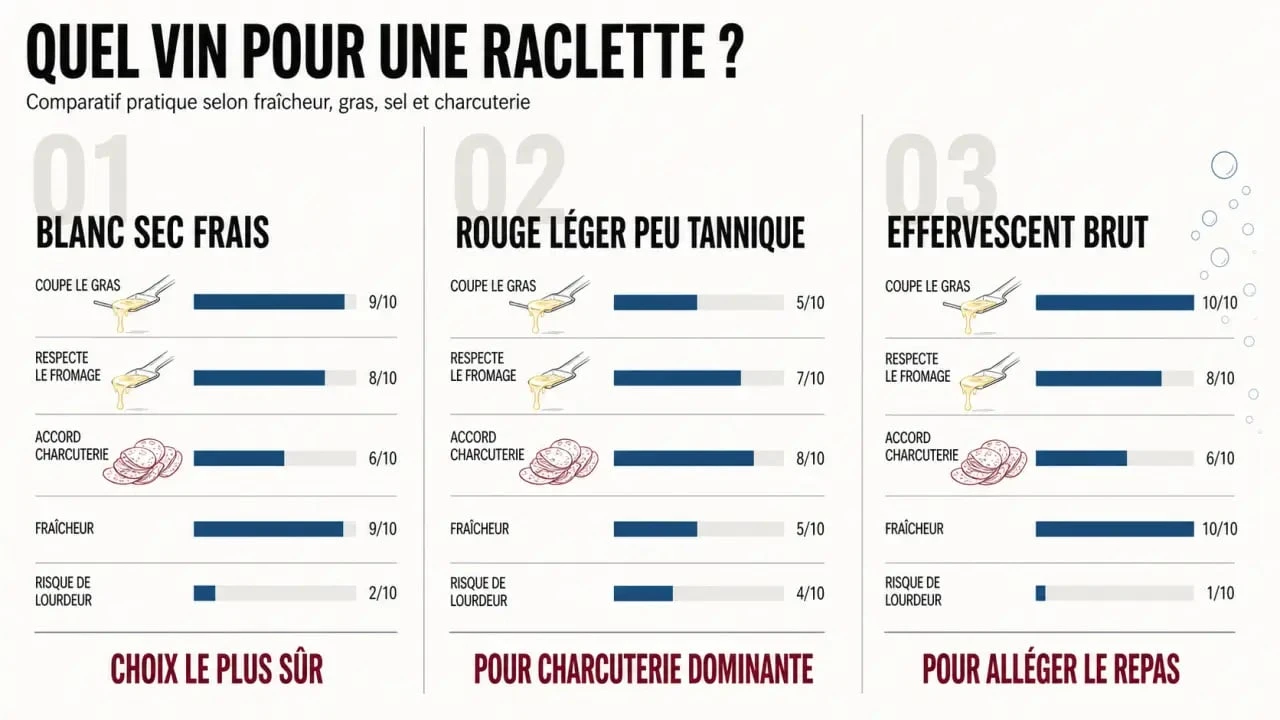 Quel vin pour accompagner une raclette : comparaison visuelle entre vin blanc sec, rouge léger et effervescent brut