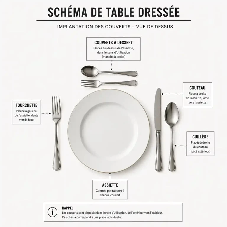 Schéma illustrant l'emplacement des couverts sur une table dressée selon les règles de l'art