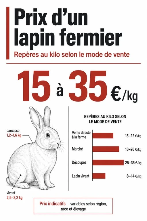 Prix lapin fermier au kilo : comparaison visuelle des fourchettes selon le circuit de vente