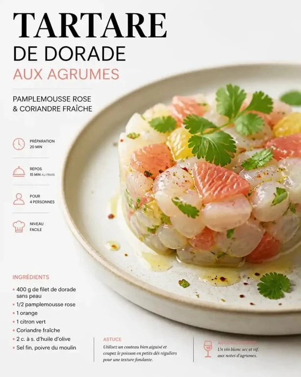 Tartare de dorade aux agrumes pour accompagner un vin nature de Chablis