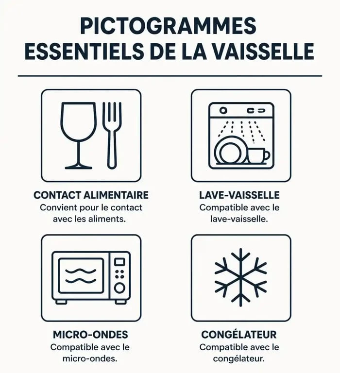 Infographie explicative des pictogrammes de vaisselle et leur signification pour la sécurité alimentaire