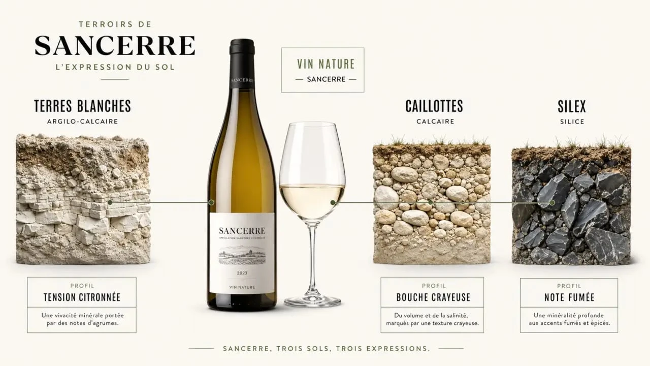 Vin nature sancerre : visualisation des sols terres blanches, caillottes et silex avec profils de dégustation