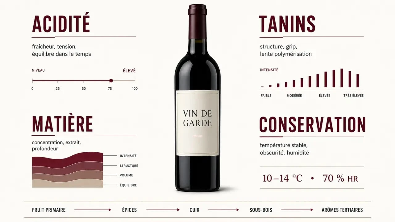 Vin de garde : illustration éditoriale des critères de vieillissement et des signes de maturité