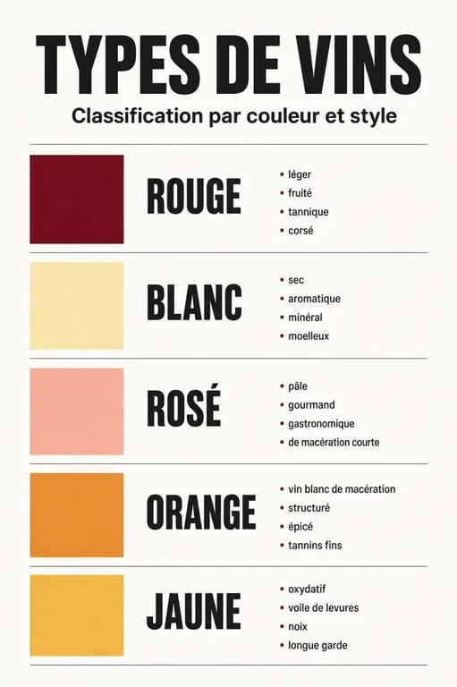 Infographie des types de vins par couleur et style pour comprendre les différences entre rouge, blanc, rosé, orange et jaune