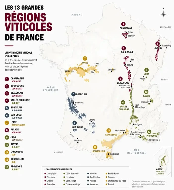 Carte du vignoble français avec les principales régions viticoles françaises