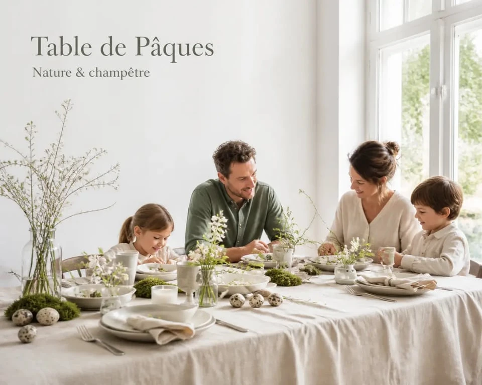 Décoration de pâques pour la table nature et champêtre avec nappe en lin, branches et œufs mouchetés