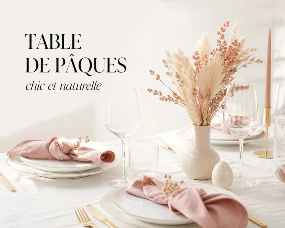 Décoration de pâques pour la table chic avec assiettes blanches, fleurs séchées et touches dorées