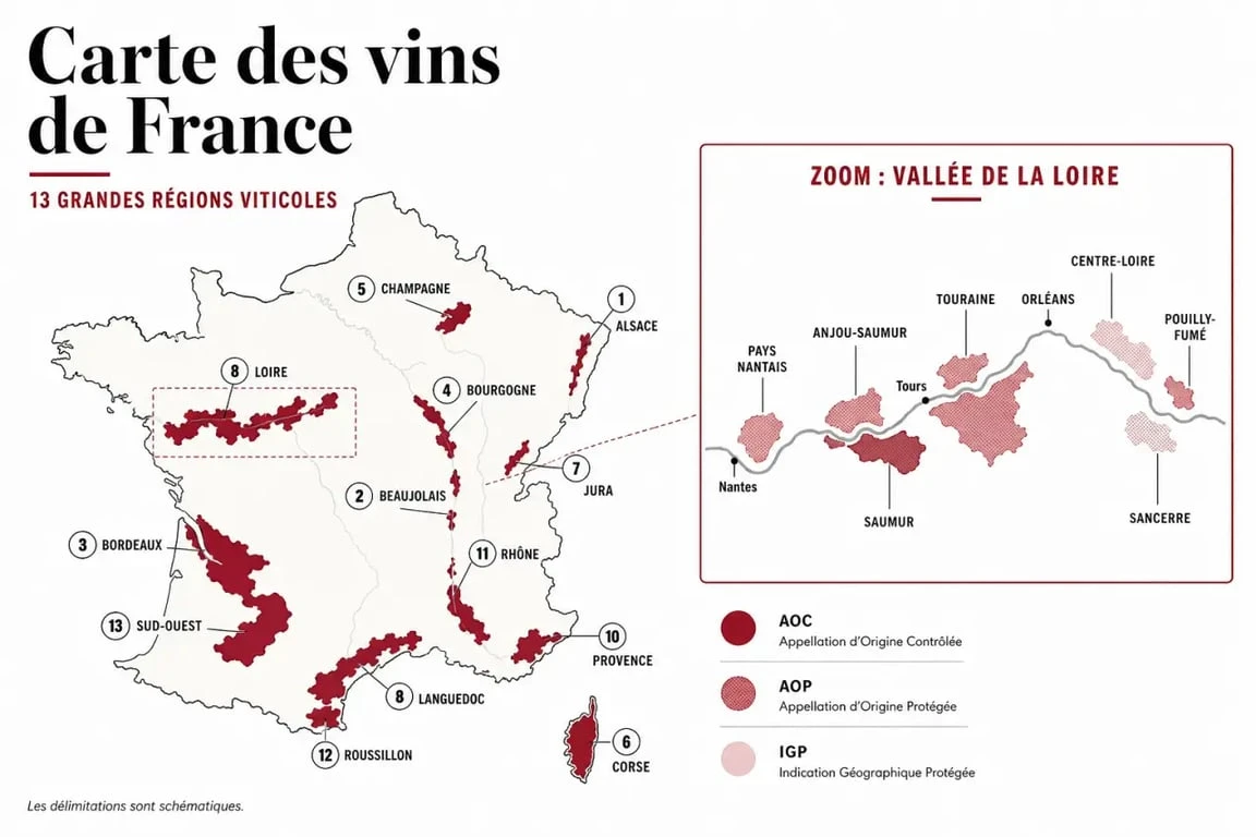 Carte de France des vins avec les 13 régions viticoles mises en évidence
