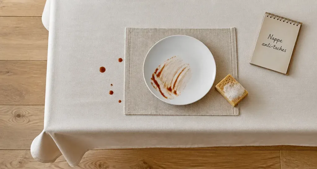 Nappe rectangulaire anti taches avec tache de sauce en surface