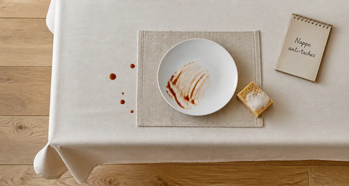 Nappe rectangulaire anti taches avec tache de sauce en surface