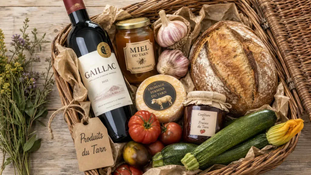 Produits locaux Tarn : panier avec vin, miel, ail et fromage fermier