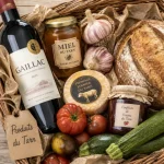 Produits locaux Tarn : panier avec vin, miel, ail et fromage fermier