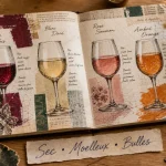 Types de vins : couleurs, sucre, bulles et usage, échantillons sur carnet