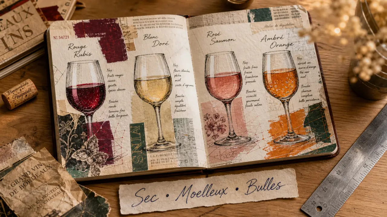 Types de vins : couleurs, sucre, bulles et usage, échantillons sur carnet