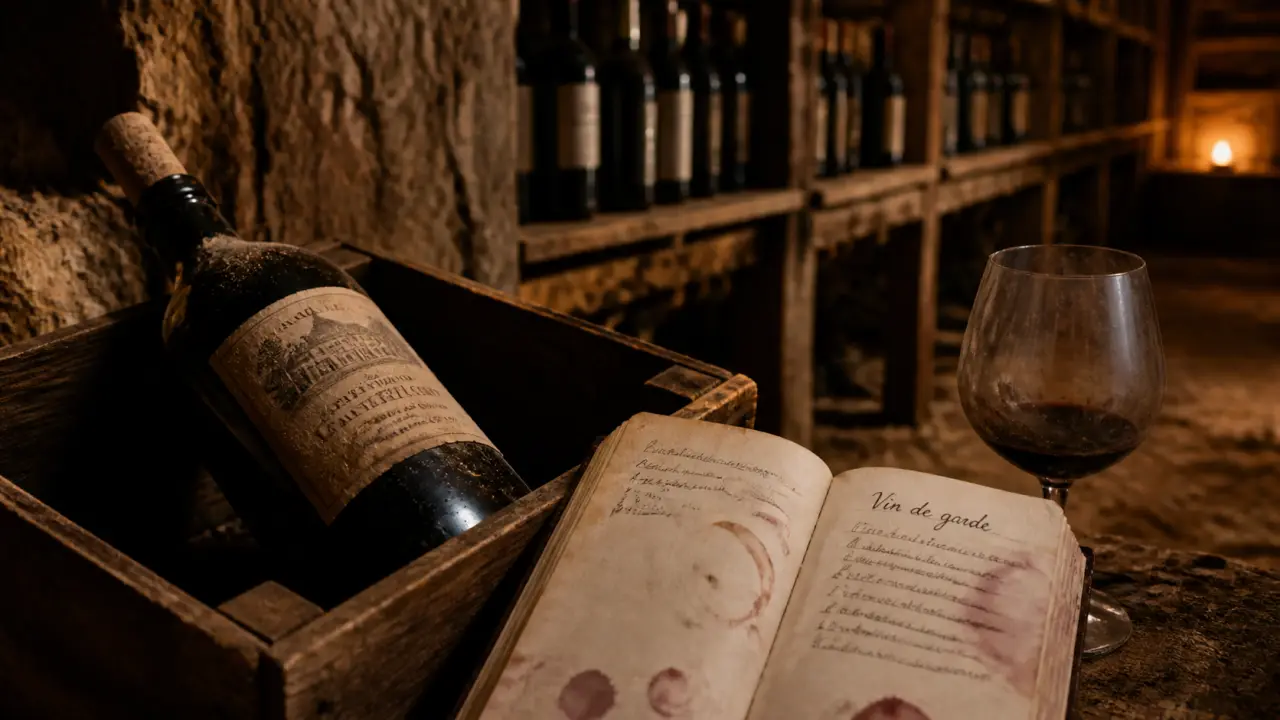 Vin de garde en cave : bouteille sombre, tanins et acidité