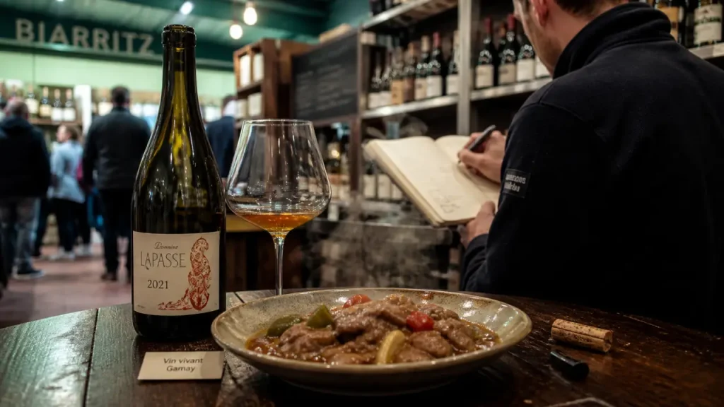 Vin nature biarritz : bouteille et verre ambré à la cave