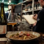 Vin nature biarritz : bouteille et verre ambré à la cave