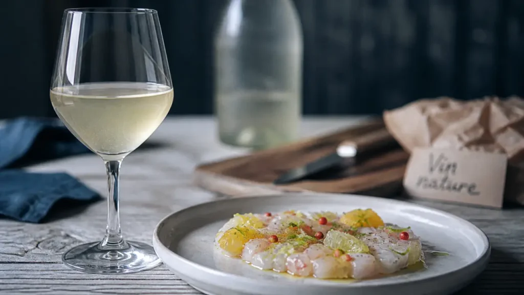 Vin nature chablis, verre avec tartare de dorade aux agrumes