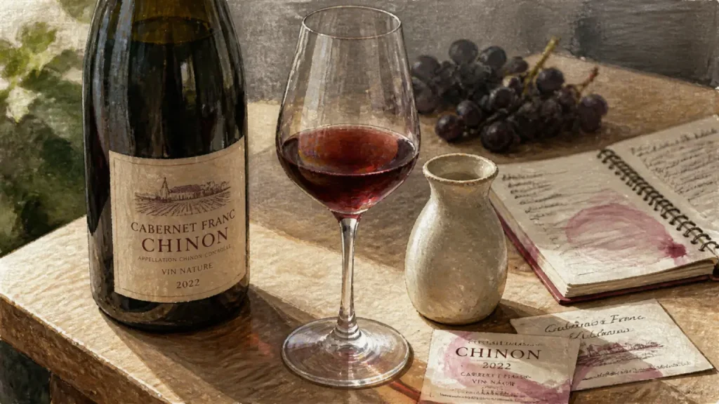 Vin nature chinon : cabernet franc vivant, rouge rubis légèrement trouble