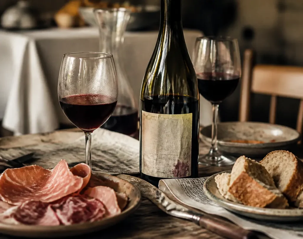Vin nature Julien Merle : Beaujolais frais en verre rouge et bouteille
