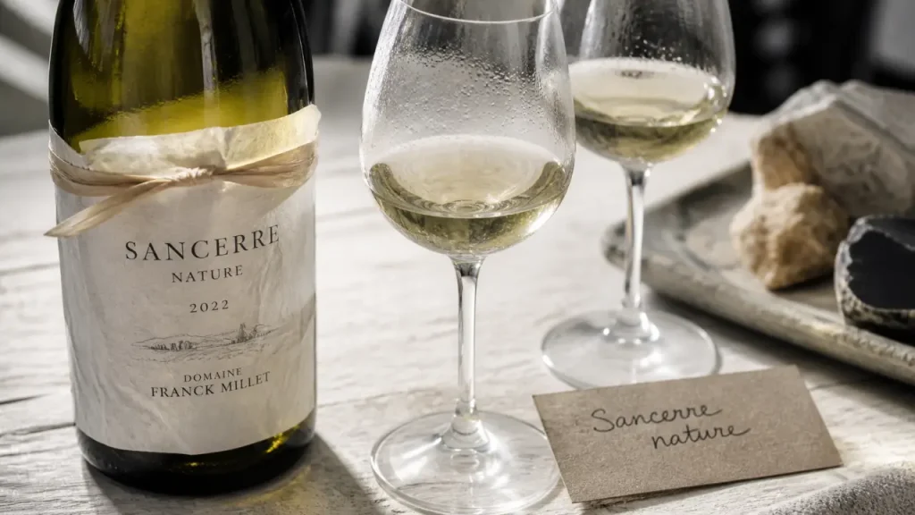 Vin nature sancerre blanc : fraîcheur minérale et sauvignon, sur table en bois
