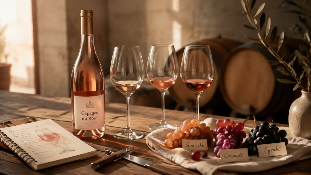 Cépages vins rosés : Grenache, Cinsault et Syrah dans des verres de rosé