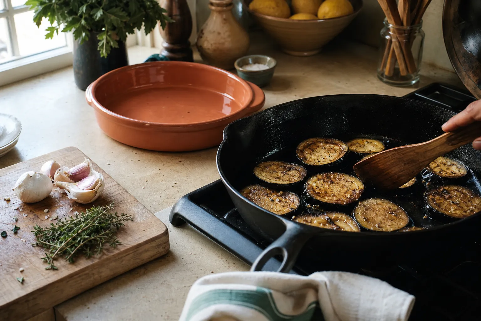 Une poêle d'aubergines qui dorent sur le plan de travail d'une cuisine, en lumière du jour