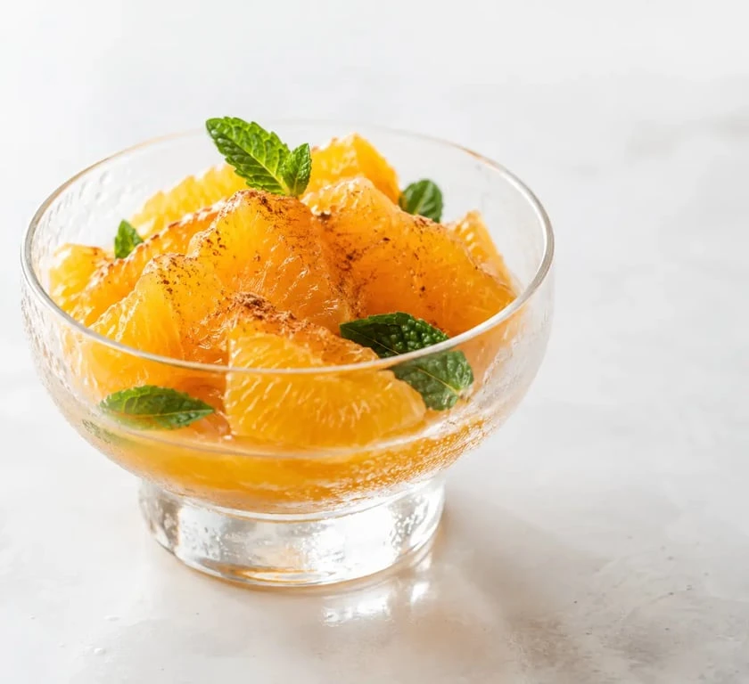 Dessert léger après choucroute : salade d'oranges fraîche à la fleur d'oranger et à la menthe
