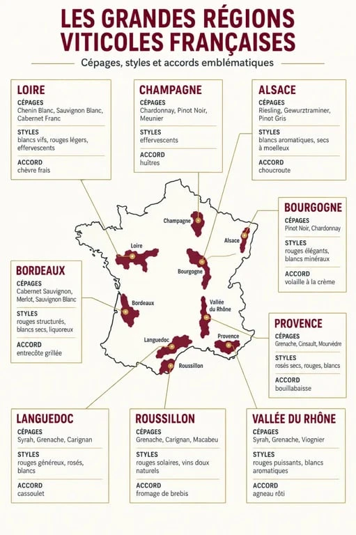 Infographie des grands vins de France par région, cépages et styles