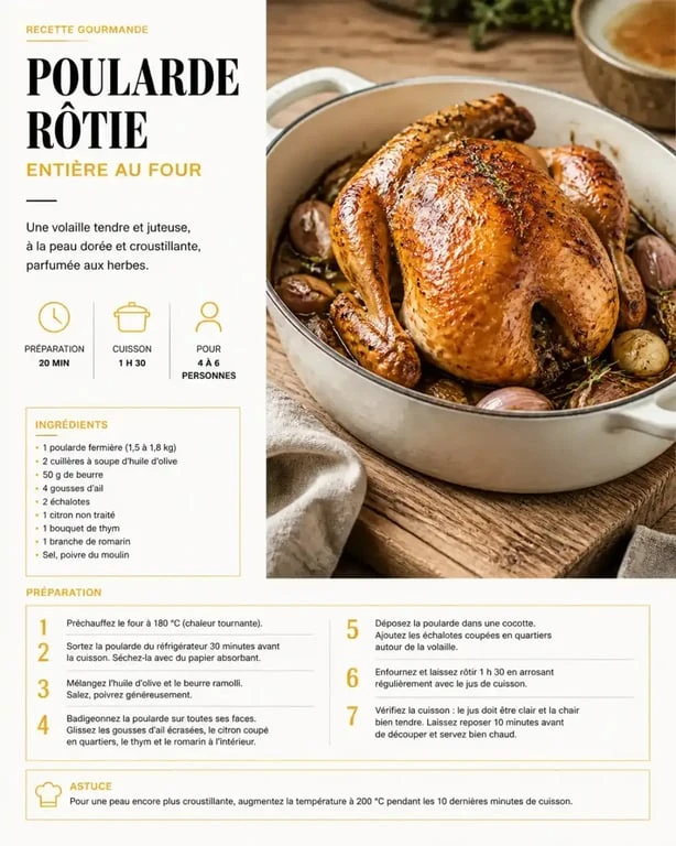 Poularde en cocotte grand-mère dorée et prête à servir
