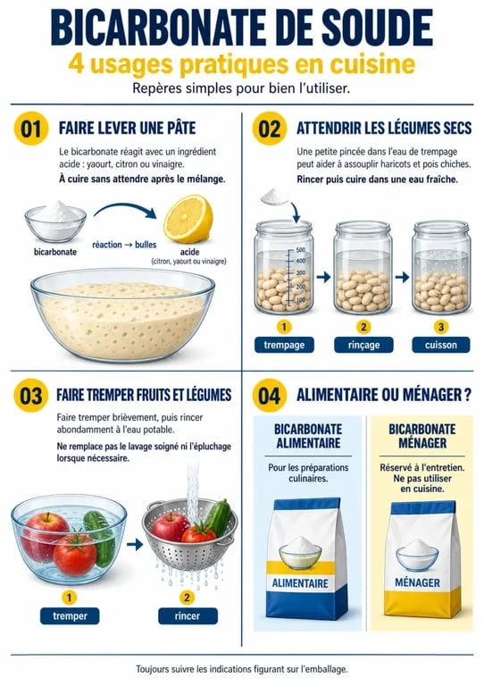 Infographie sur le bicarbonate de soude dans la cuisine et ses principaux usages