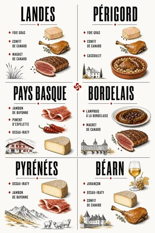 Spécialités sud ouest : carte éditoriale des terroirs avec leurs plats emblématiques