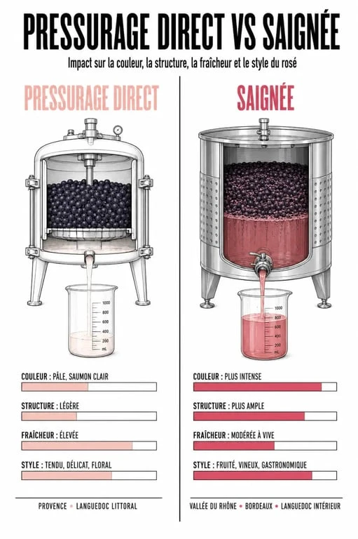 Schéma des cépages vins rosés selon pressurage direct et saignée