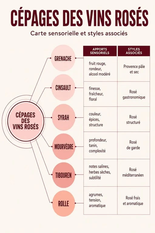 Infographie cépages vins rosés : Grenache, Cinsault, Syrah, Mourvèdre, Tibouren et Rolle