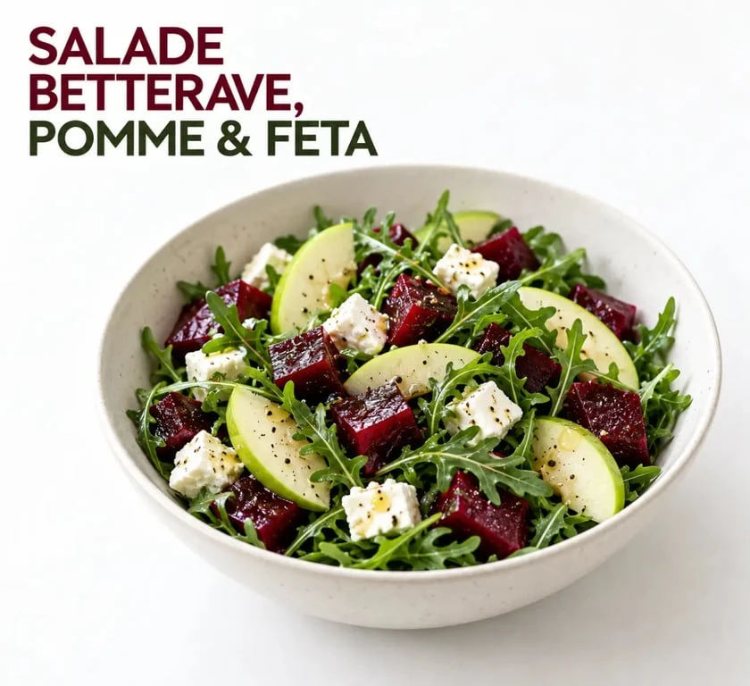 Salade composée de betteraves rouges cuites, feta et pommes, idée de recette de betteraves rouges cuites