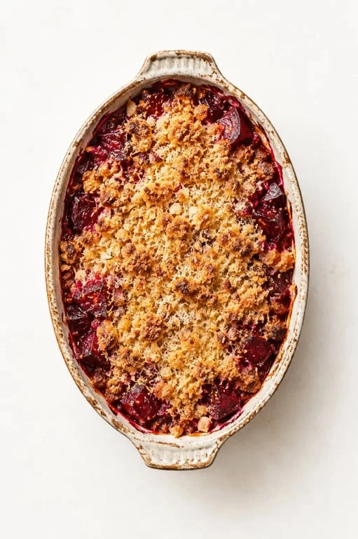 Crumble salé à la betterave rouge cuite, plat chaud issu de nos recettes de betteraves rouges cuites