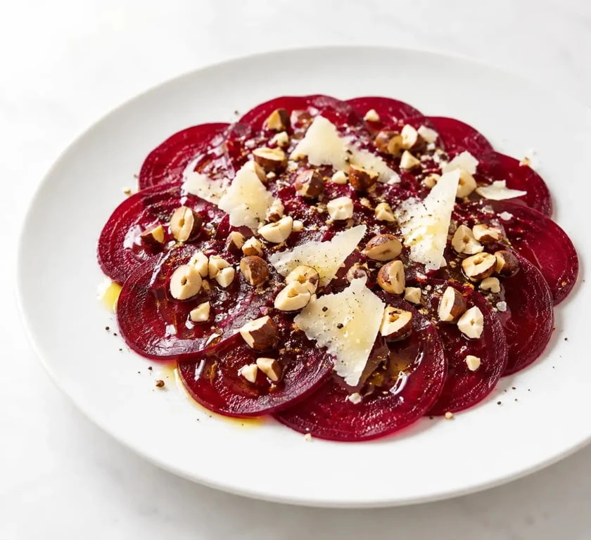 Carpaccio de betteraves rouges cuites en rosace, une des meilleures recettes de betteraves rouges cuites