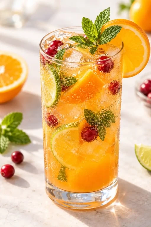 Recette cocktail sans alcool orange, citron vert et menthe servi avec des glaçons