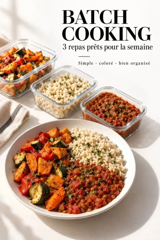 Recettes batch cooking de légumes rôtis, sauce tomate aux lentilles et riz