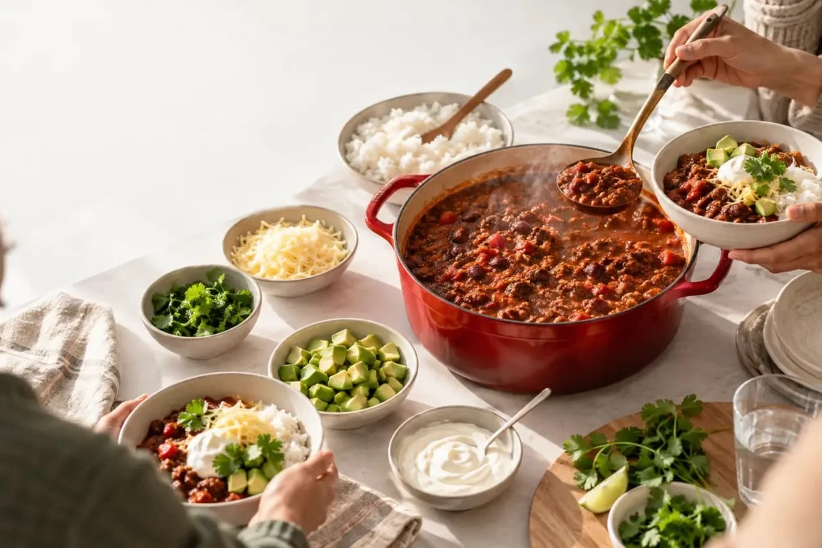 Repas pour invités convivial avec chili doux, riz et garnitures à partager
