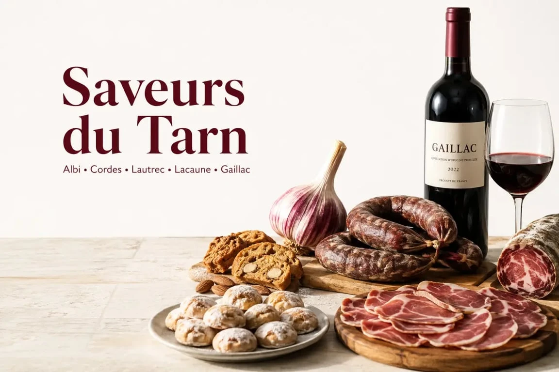 Spécialités albi : assortiment de Jeannots, gimblettes, croquants et produits du Tarn sur une table de marché